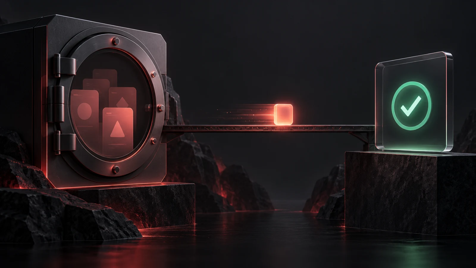 Private data remains in a vault while a proof token reaches a verification panel.