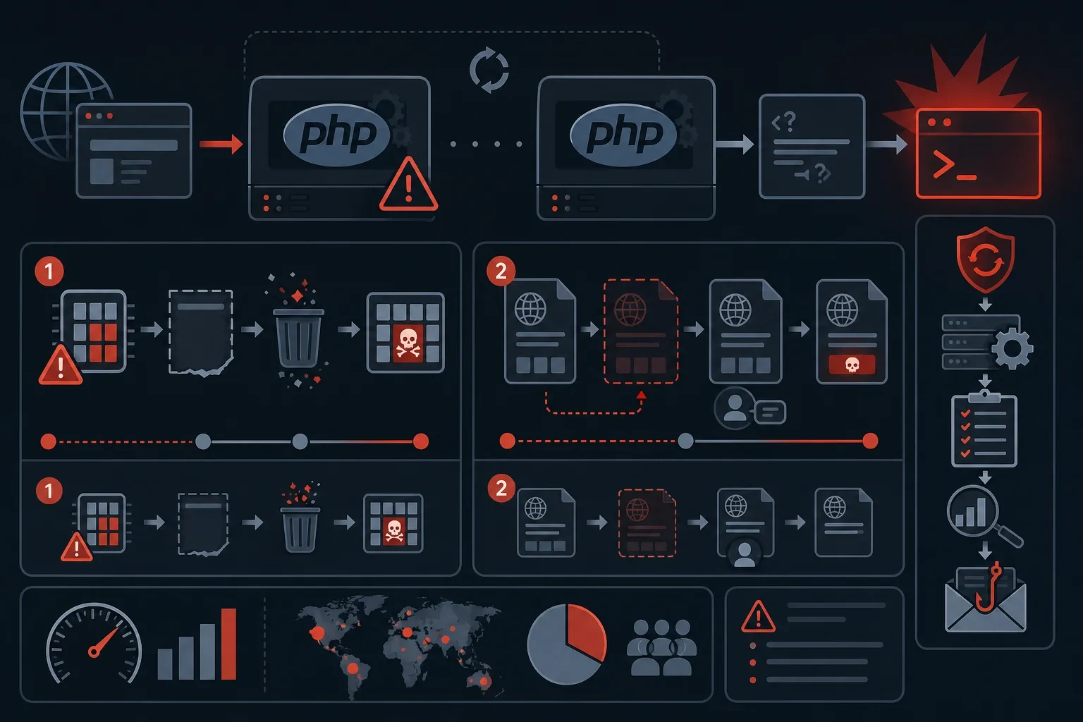 Explanatory AI illustration for the article: PHP2Shell: AI found a PHP vulnerability that sat unnoticed for more than ten years. What site owners should do.